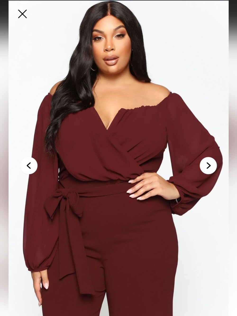 Fashion Nova Burgundy Off-Shoulder Wrap Jumpsuit - Picture 5 of 6